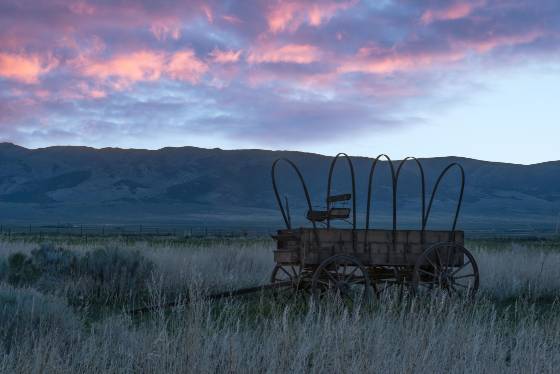 Replica Wagon at sunrise Replica Wagon in the CIty Of Rocks, Idaho