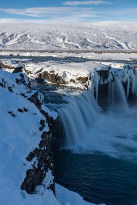 Godafoss from East Side Godafoss in the winter. Godafoss is on the ring road in northeast Iceland.