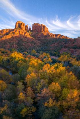 Autumn Bliss 2 Oak Creek and cottonwoods in full Fall color with Cathedral Rock, Sedona in the background.