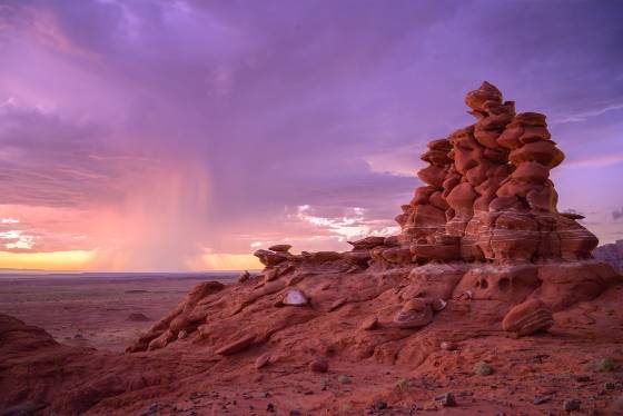 Magenta Sunset Incomingh storm and the Sky City rock formation on Ward Terrace below the Adeii Eichii Cliffs
