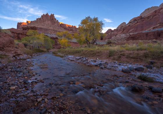 First light on The CVastle The Castle and Sulphur Creek in Capitol Reef NP