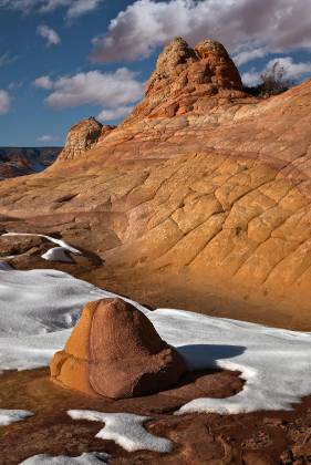 Snow at Half and Half Half and Half rock formation in the Cottonwood Cove area of Coyote Buttes South, Arizona