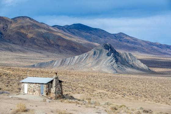 Geologist's Cabin 2 Geoloigists Cabin and Striped Butte in Butte Valley, part of Death Valley, California