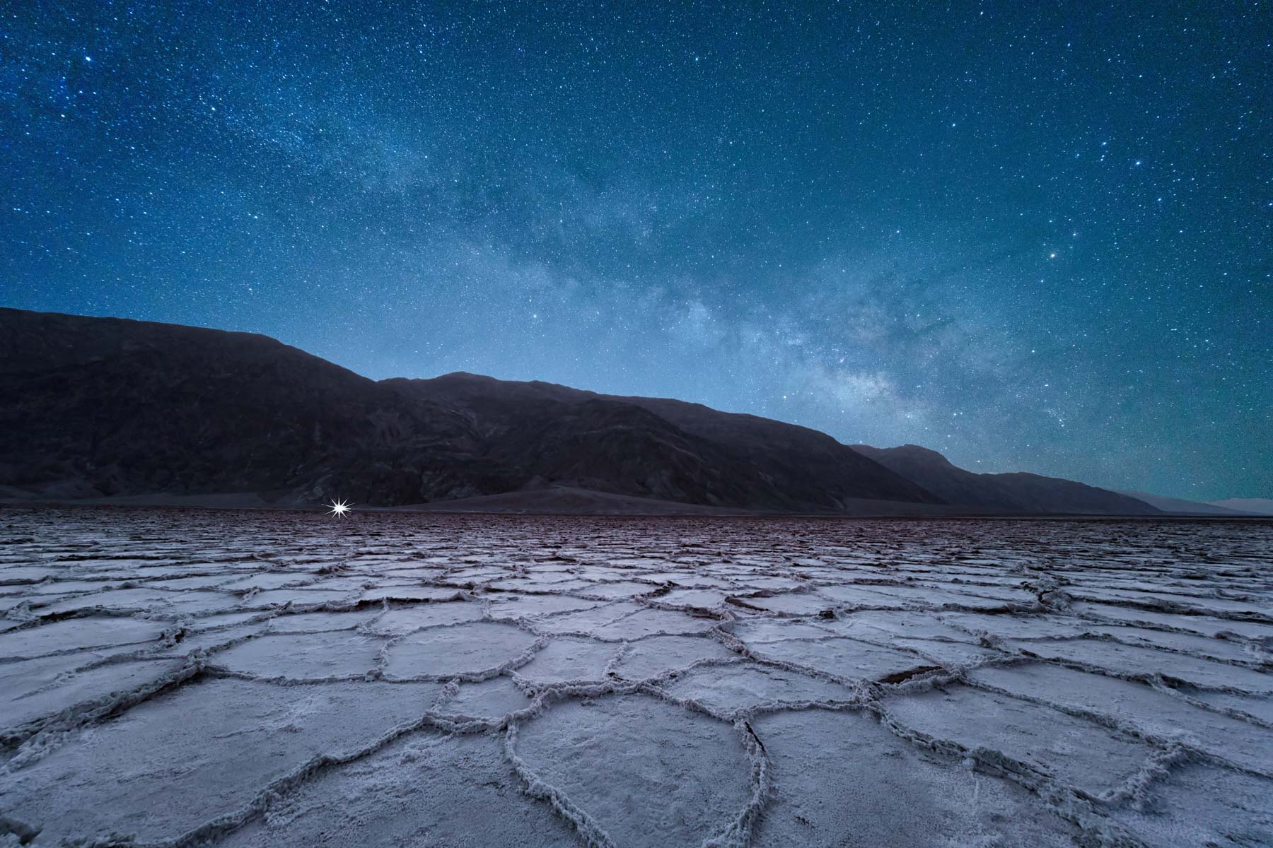 The Milky Way rising over the Badwater Salt Flats in Death Valley National Park, California