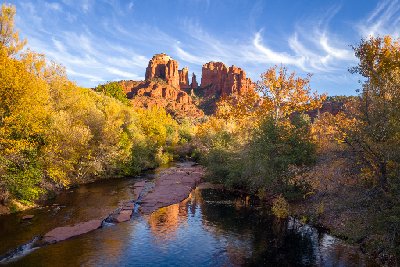 Cathedral at Oak Creek Cottonwoods in fall color at Oak Creek with Cathedral Rock in Sedona, AZ