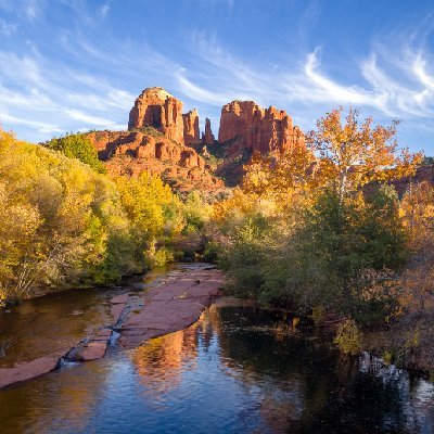 Cathedral at Oak Creek Cottonwoods in fall color at Oak Creek with Cathedral Rock in Sedona, AZ