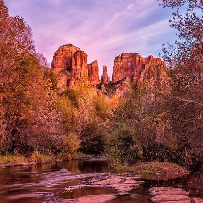 Cathedral in Autumn Attire Cathedral Rock reflected in Oak Creek at sunset in Sedona, AZ