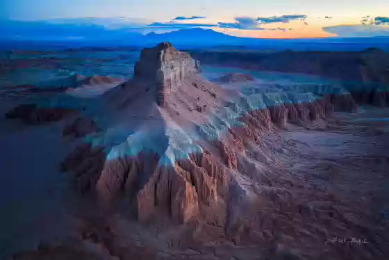 Wild Horse Butte at Sunset Aerial view of Wild Horse Butte in Goblin Valley State Park, Utah. Shot at sunset.