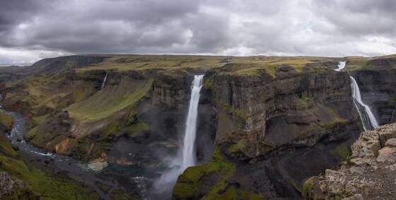 Granni and Haifoss Panorama of Granni and Haifoss in the Western Region of Iceland on the river Fossa.