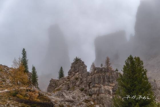 Cinque Torre in fog Cinque Torre in the Dolomites, Italy.