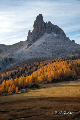 Croda da Lago Larch in color and Croda da Lago in the Dolomites, Italy.
