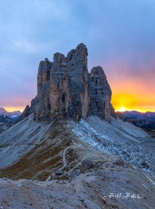 Tre Cime at Sunset 2 Tre Cime di Laveredo seen from the saddle in The Dolomites, Italy.