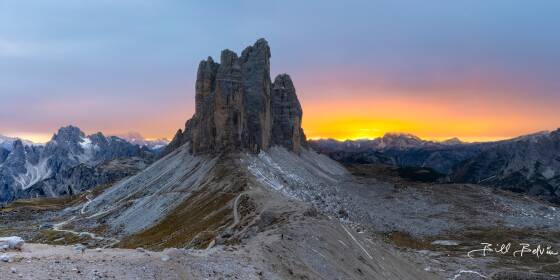 Tre Cime at Sunset 1 Tre Cime di Laveredo seen from the saddle in The Dolomites, Italy.