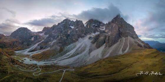 Drone view from Passo Rolle View of Cima Silvano from Passo Rolle in the Dolomites, Italy.