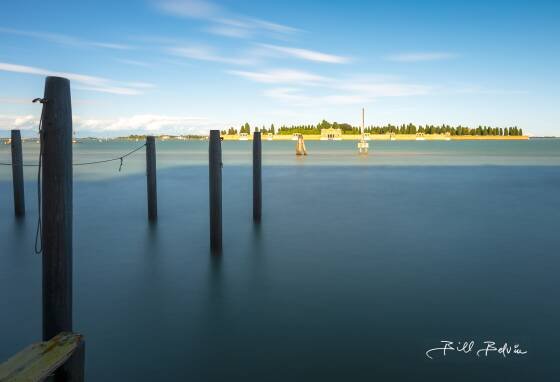 San Michele Cemetery San Michele Cemetery seen in the distance from Fondamenta Nova in Venice, Italy.