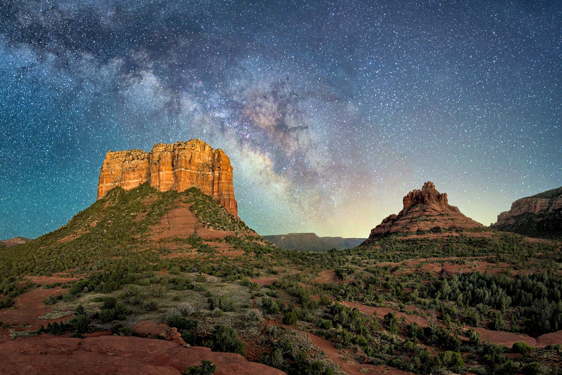 The Milky Way framing Sedona's Courthouse Butte with Bell Rock to the Right