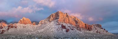 Panorama of Sedona's Lee Mountain covered in snow