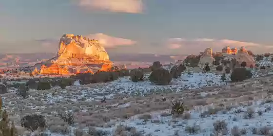 The Monolith in Winter Panorama of The White Pocket taken on the road from Poverty Flat